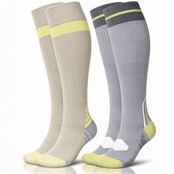 Lanola 2 Pairs Thick Cotton Compression Socks for Women 15-20mmHg Cute Knee High Socks Support for Running, Travel, Nurse, Pregnancy(Beige/Light Grey)