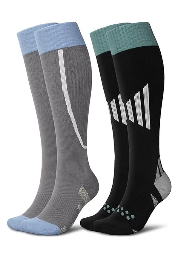2 Pairs Thick Cotton Compression Socks for Women 15-20mmHg Cute Knee High Socks Support for Running, Travel, Nurse, Pregnancy(Black/Dark Grey)