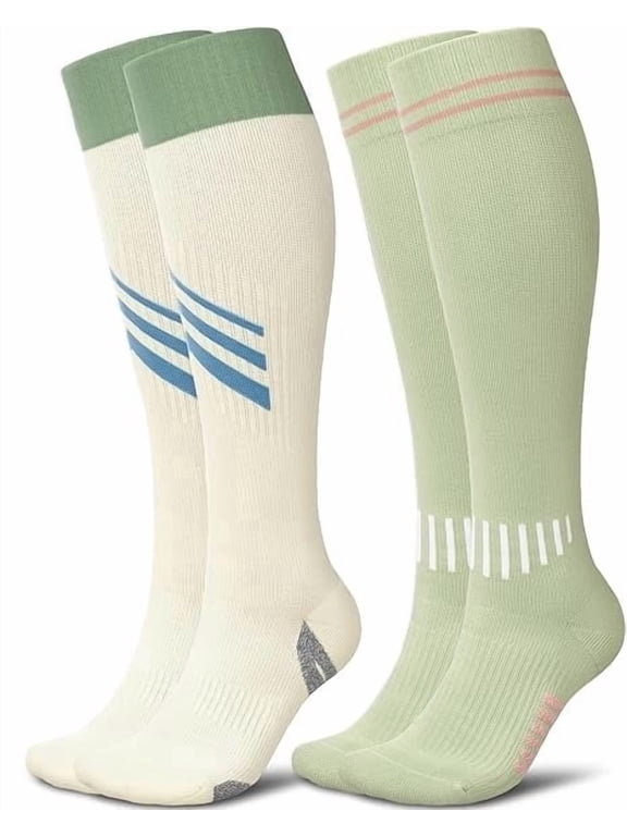 2 Pairs Thick Cotton Compression Socks for Women 15-20mmHg Cute Knee High Socks Support for Running, Travel, Nurse, Pregnancy(Green/White)