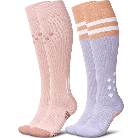 Lanola 2 Pairs Thick Cotton Compression Socks for Women 15-20mmHg Cute Knee High Socks Support for Running, Travel, Nurse, Pregnancy(Pink/Purple)