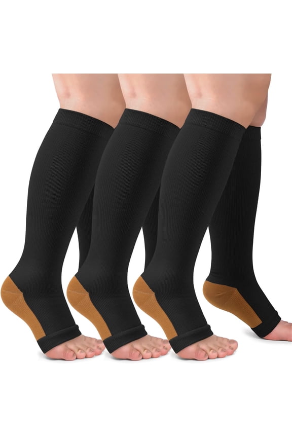 3 Pack Copper Compression Stockings for Women & Men, 20-30mmHg Open Toe Knee High Stockings for Circulation Support