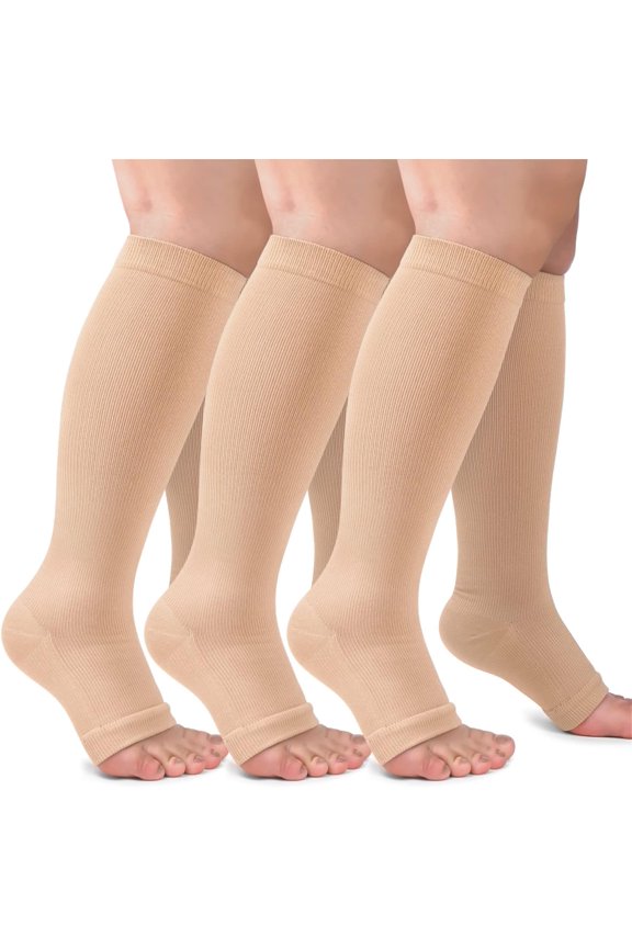 3 Pack Copper Compression Stockings for Women & Men, 20-30mmHg Open Toe Knee High Stockings for Circulation Support