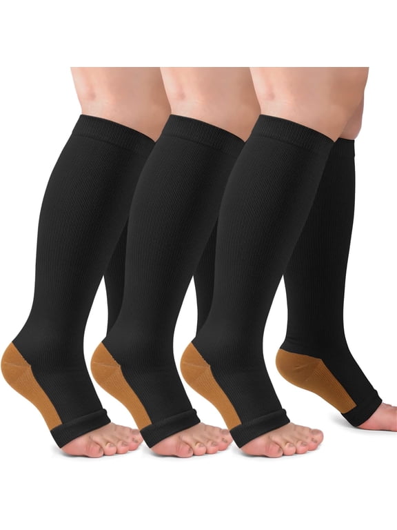 3 Pack Copper Compression Stockings for Women & Men, 20-30mmHg Open Toe Knee High Stockings for Circulation Support