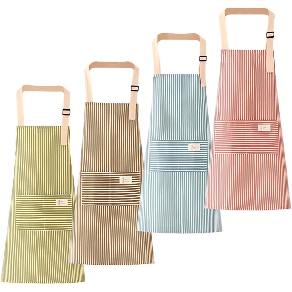 Lanola 4 Pack Kitchen Apron Adjustable Cooking Bib Aprons with 2 Pockets Cotton Linen Waterproof Baking Painting Chef Aprons for Women and Men