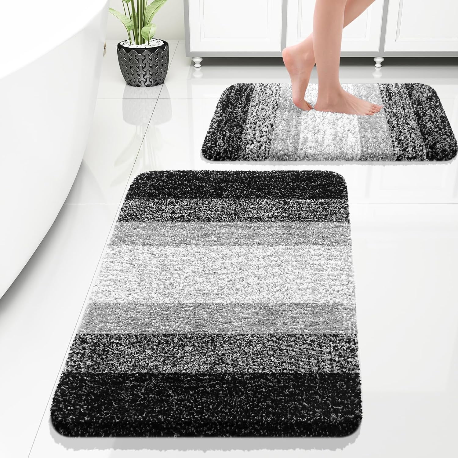 Lanola Bathroom Rug Set 2 Piece, Soft Absorbent Microfiber Bath Mats and U-Shaped Contour Toilet Rug, Non-Slip, Machine Wash Dry, Plush Shaggy Bath Mats for Bathroom (24"x16"+24"x20", Grey)