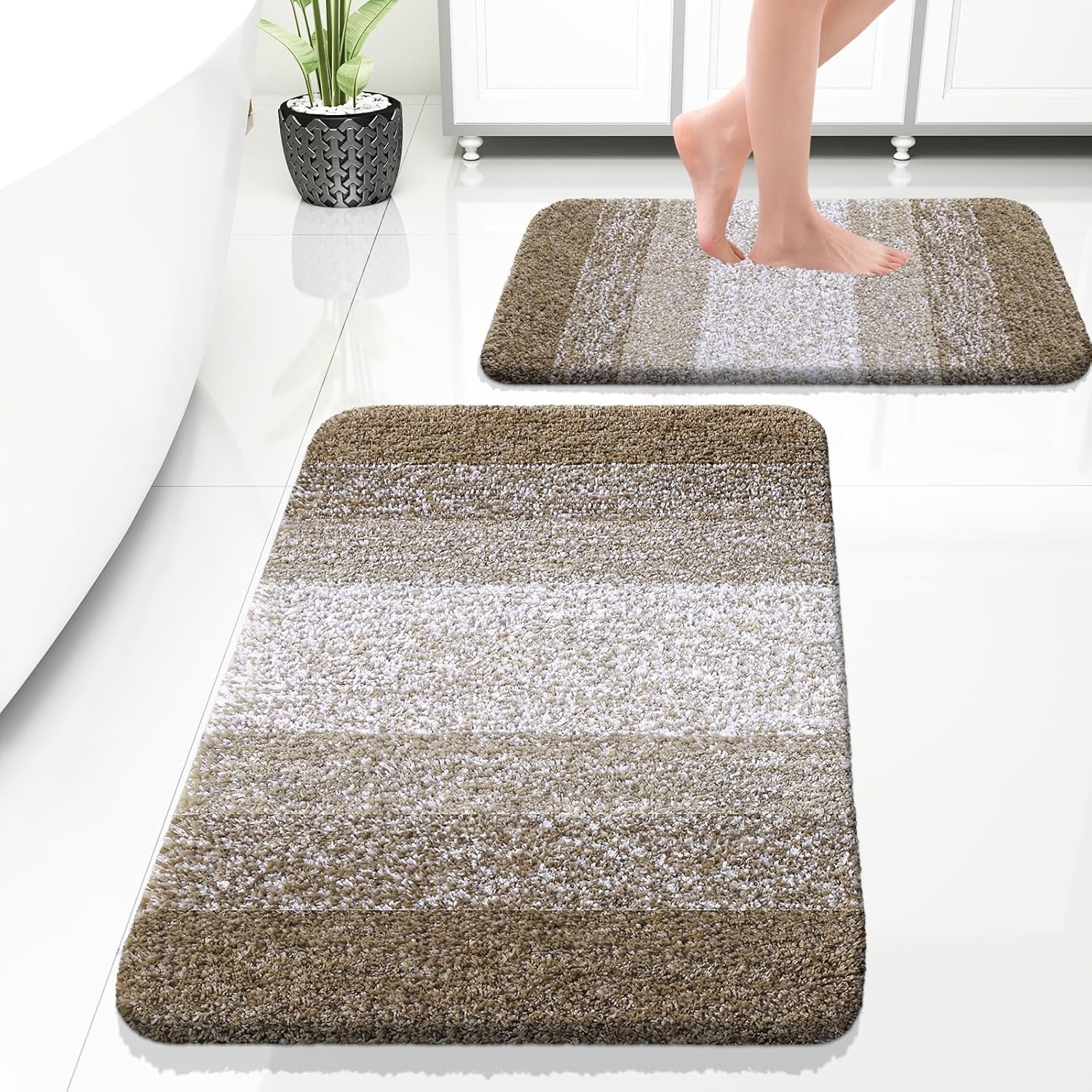 Lanola Bathroom Rug Set 2 Piece, Soft Absorbent Microfiber Bath Mats and U-Shaped Contour Toilet Rug, Non-Slip, Machine Wash Dry, Plush Shaggy Bath Mats for Bathroom (24"x16"+24"x20", Grey)