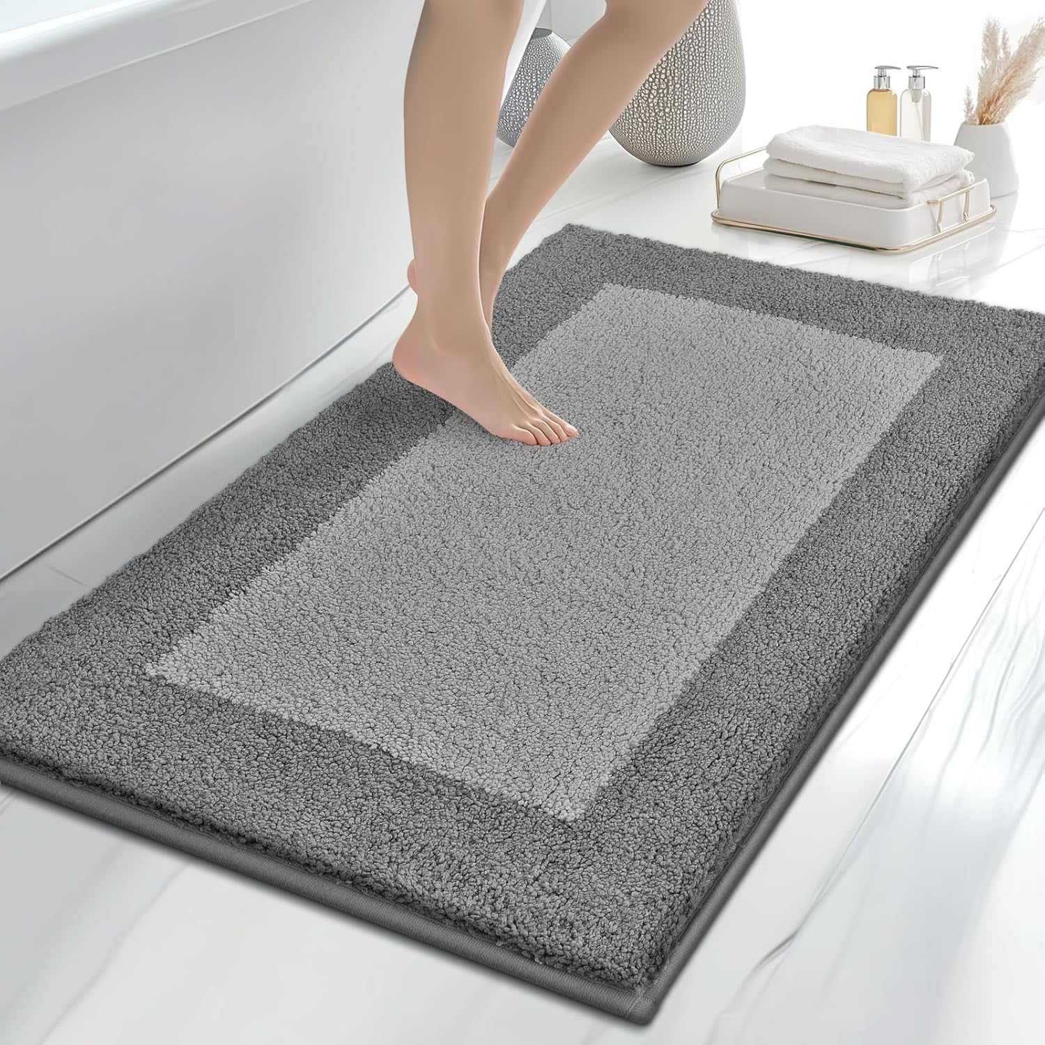 Lanola Bathroom Rugs 20" x 30", Non-Slip Extra Soft Absorbent Bath Rugs, Machine Washable Quick Dry Bath Mats for Bathroom Floor, Shower, Bathtub and Sink, Light Grey & Grey