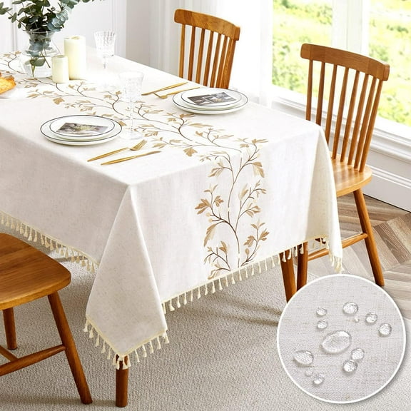Lanola Embroidered Tablecloth for Dining Table,Dust Proof Spillproof Soil Resistant Cotton Linen Rectangle Table Cloths (Coffee Wheat, Rectangle/Oblong, 55'x70'', 4-6 Seats)