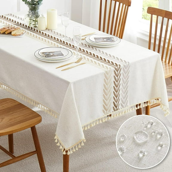 Lanola Embroidered Tablecloth for Dining Table,Dust Proof Spillproof Soil Resistant Cotton Linen Rectangle Table Cloths (Coffee Wheat, Rectangle/Oblong, 55'x70'', 4-6 Seats)
