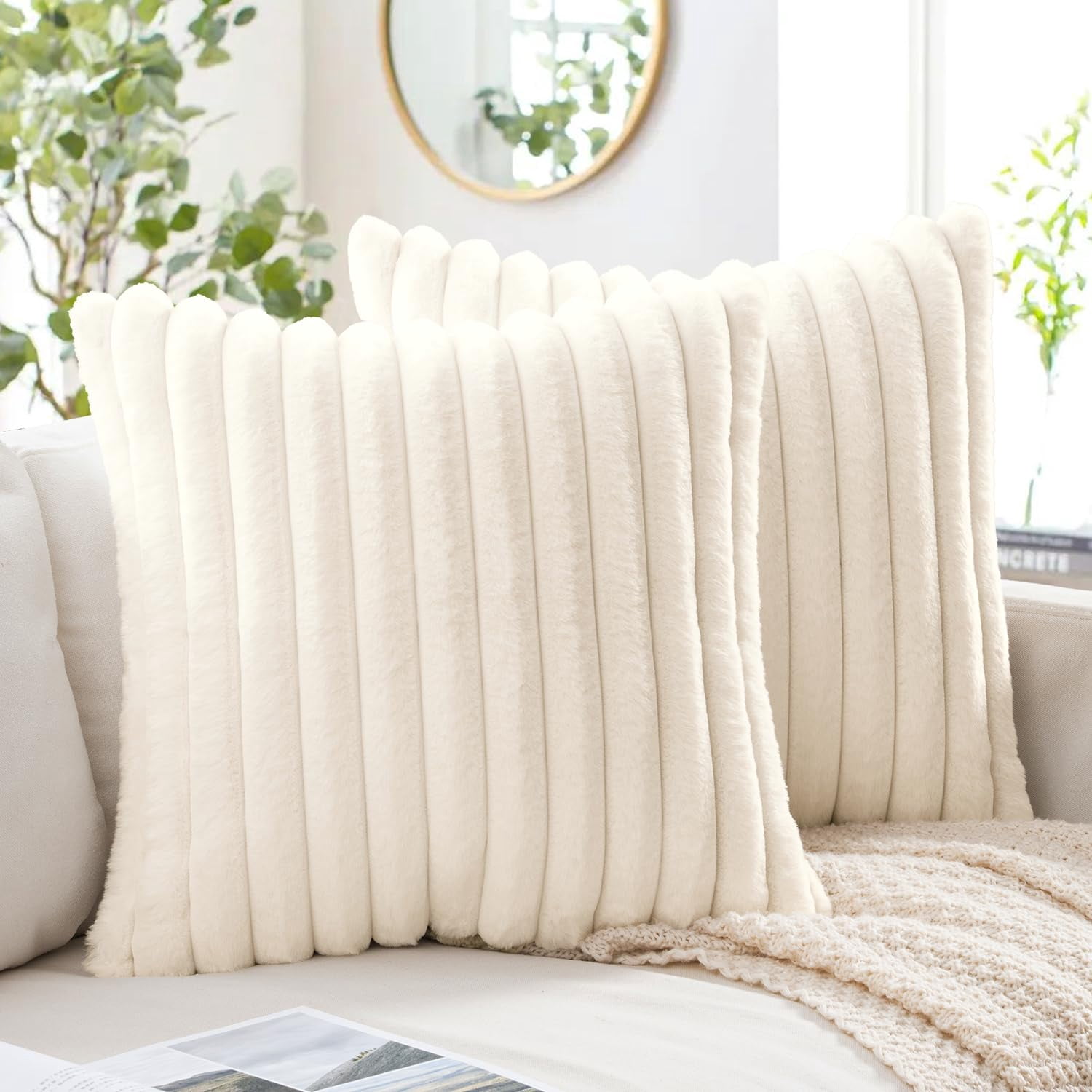Lanola Faux Fur Decorative Throw Pillow Covers 18x18 Inch Set of 2, Modern Spring Home Decor Soft Plush Couch Pillows Cozy Fluffy Cushion Covers for Sofa Bed Sage Green