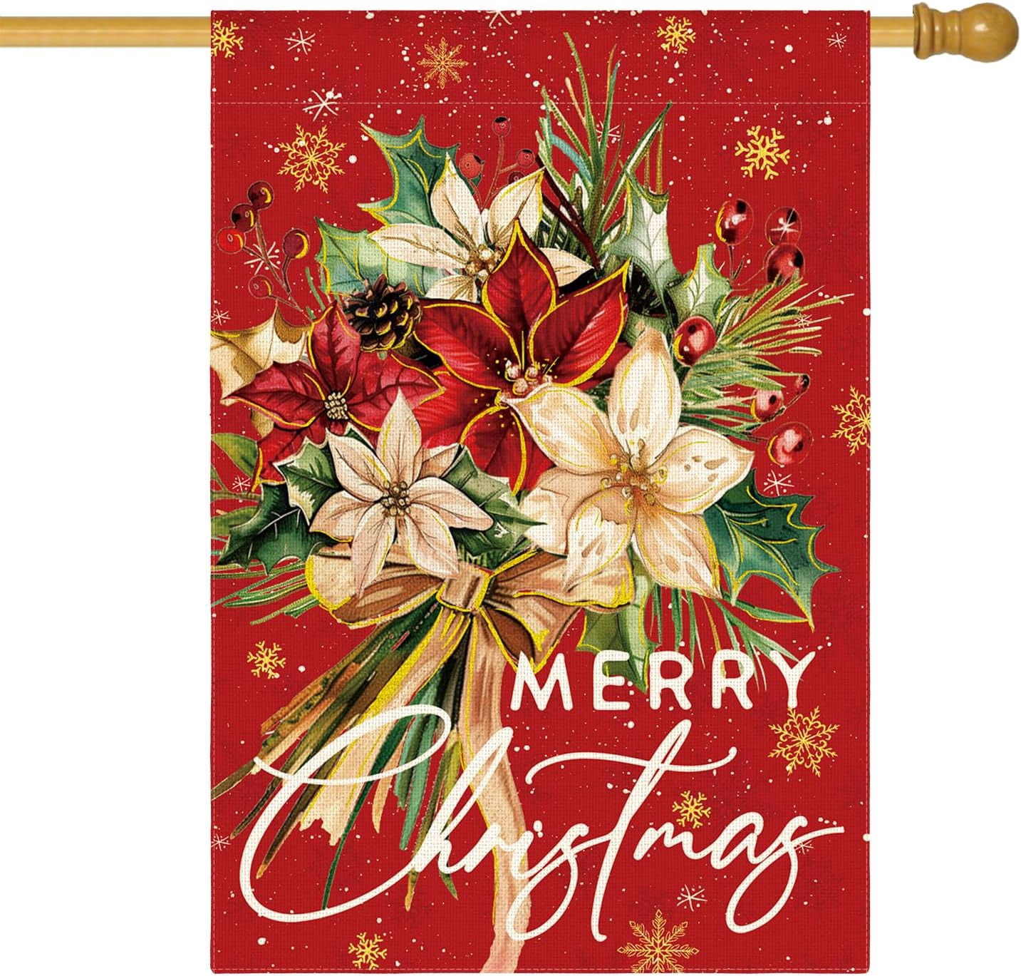 Lanola Floral Merry Christmas House Flag 28x40 Inch Double Sided Outside, Christmas Flowers Winter Holiday Yard Outdoor Decorative Flag