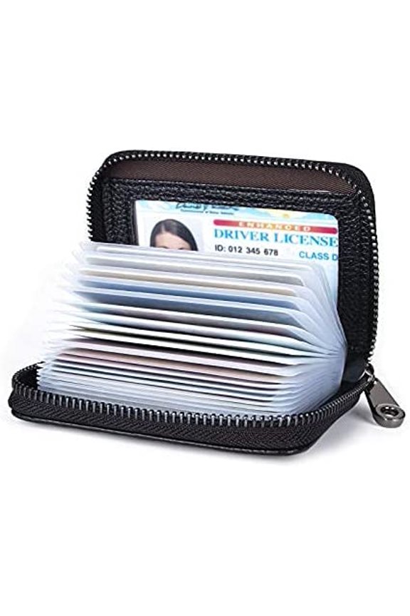 Genuine Leather Credit Card Holder Wallet RFID Blocking Secure Card Case ID Case Organizer Zipper Wallet (A-Classic Black)