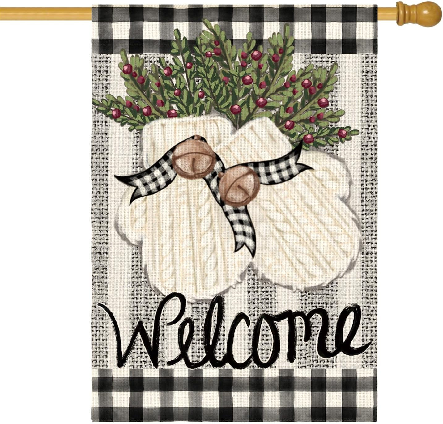 Lanola Gloves Holly Welcome Winter House Flag 28x40 Inch Double Sided, Buffalo Plaid Rustic Seasonal Yard Outdoor Decorative Flag