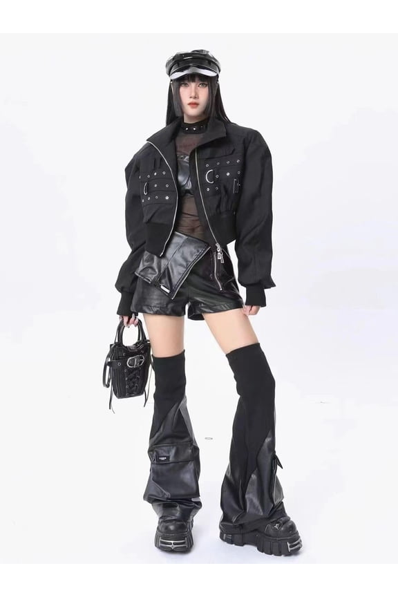 Gothic Techwear Platform Boot Covers, Black Leather Over-Knee Leg Warmers, Streetwear Style with Ribbed Panels, Y2K Leg Warmers