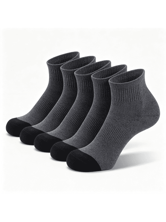 Mens 100% Cotton Cushioned Ankel Socks, Athletic Performance Running Moisture Wicking Breathable Quarter Socks,5-Pack(Grey)
