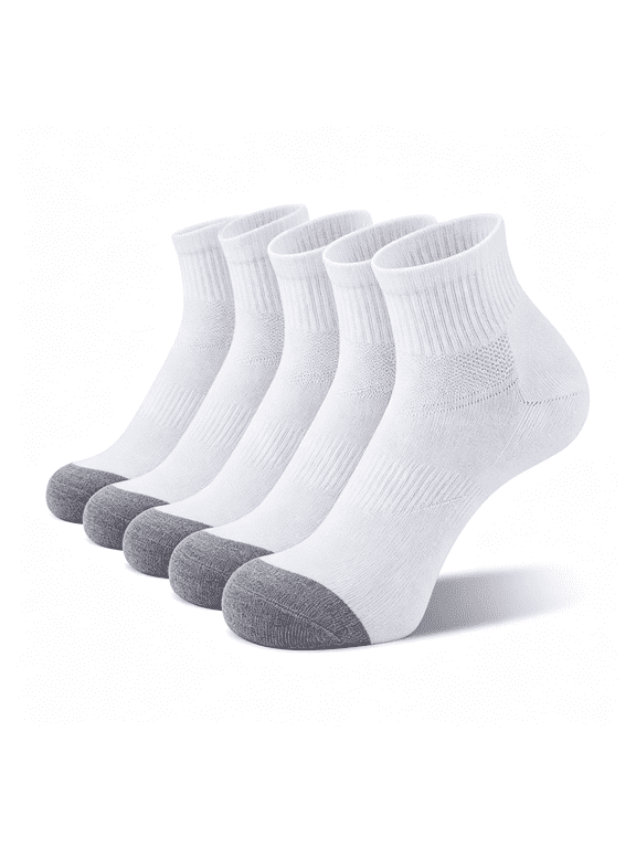Mens 100% Cotton Cushioned Ankel Socks, Athletic Performance Running Moisture Wicking Breathable Quarter Socks,5-Pack(White)