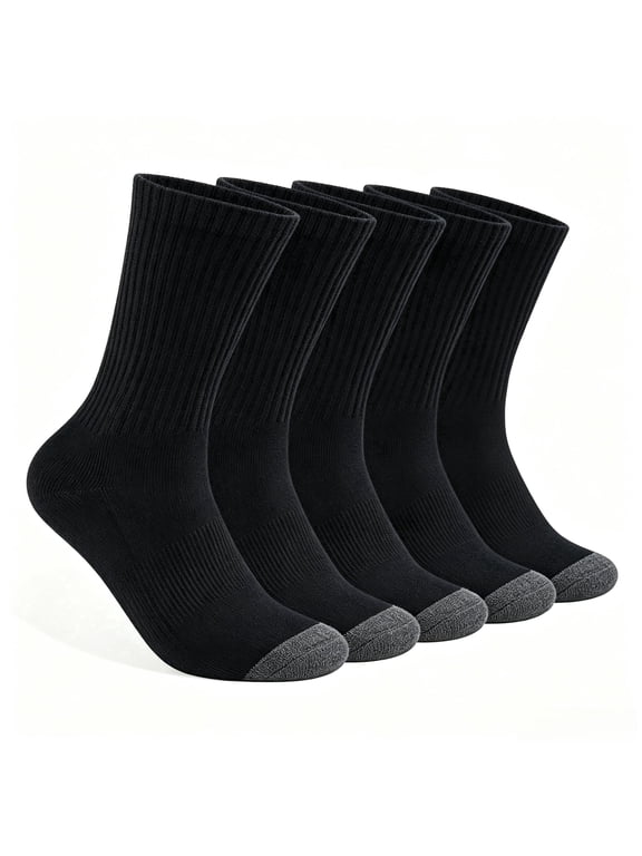 Mens 100% Cotton Cushioned Crew Socks, Athletic Performance Moisture Wicking Work socks,5-Pack(Black)