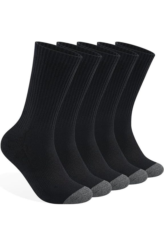 Mens 100% Cotton Cushioned Crew Socks, Athletic Performance Moisture Wicking Work socks，5-Pack（Black）