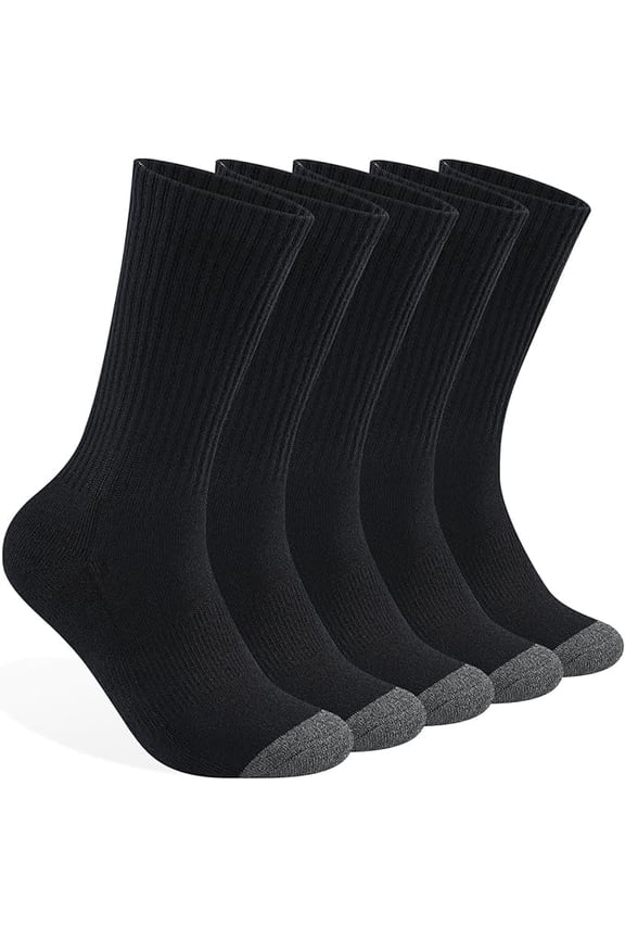 Mens 100% Cotton Cushioned Crew Socks, Athletic Performance Moisture Wicking Work socks(Black)
