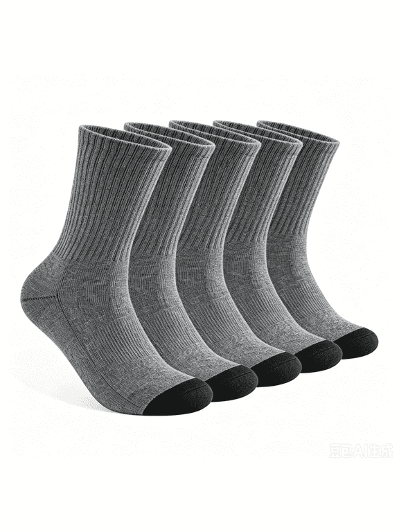 Mens 100% Cotton Cushioned Crew Socks, Athletic Performance Moisture Wicking Work socks,5-Pack(Grey)