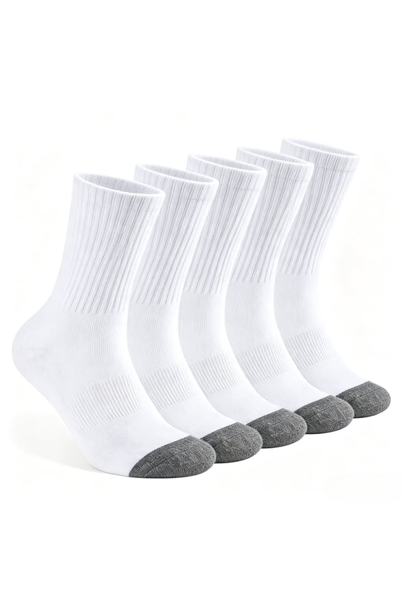 Mens 100% Cotton Cushioned Crew Socks, Athletic Performance Moisture Wicking Work socks，5-Pack（White）