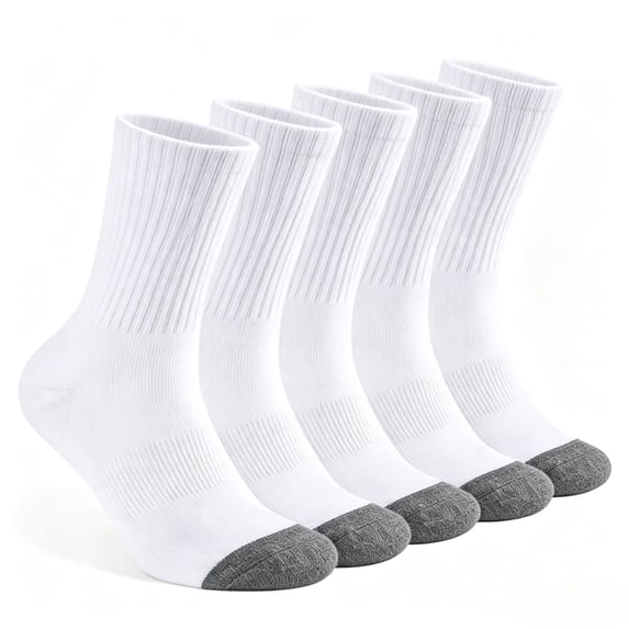Lanola Mens 100% Cotton Cushioned Crew Socks, Athletic Performance Moisture Wicking Work socks,5-Pack(White)