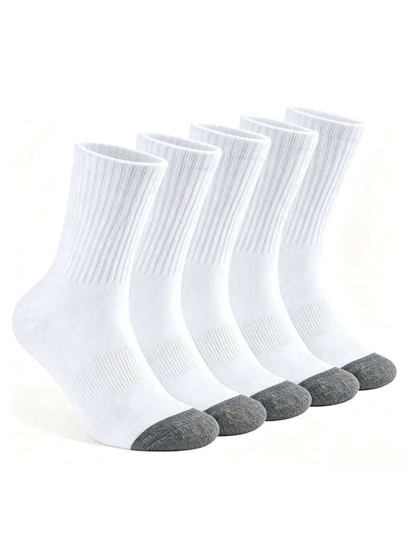 Mens 100% Cotton Cushioned Crew Socks, Athletic Performance Moisture Wicking Work socks,5-Pack(White)