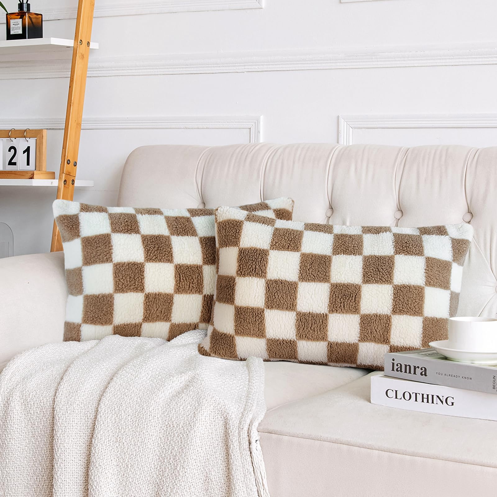 Lanola Pack of 2 Decorative Throw Pillow Covers Checkerboard Luxury Super Soft Faux Fur Wool Set Case Cushion for Couch Sofa Bedroom 18 x 18-Inch Camel