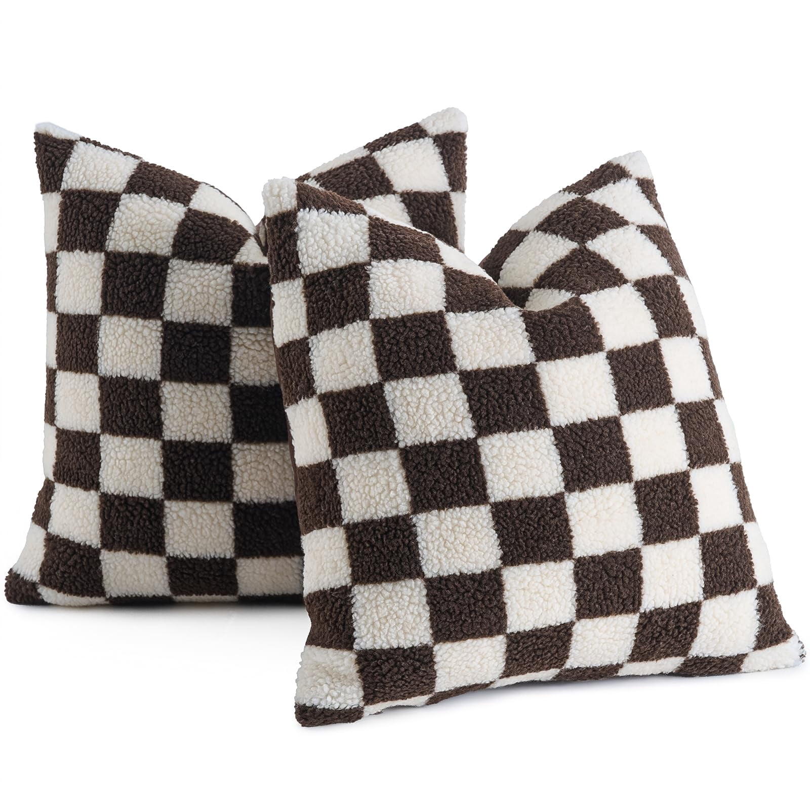 Lanola Pack of 2 Decorative Throw Pillow Covers Checkerboard Luxury Super Soft Faux Fur Wool Set Case Cushion for Couch Sofa Bedroom 18 x 18-Inch Camel