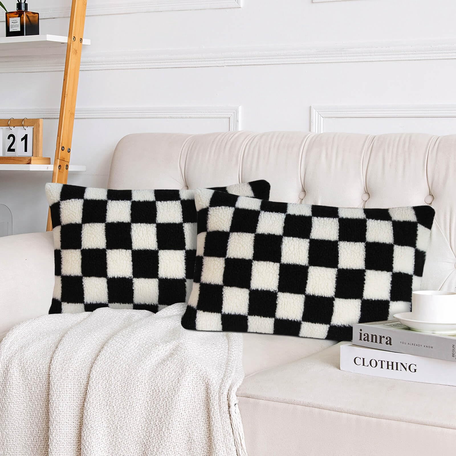 Lanola Pack of 2 Decorative Throw Pillow Covers Checkerboard Luxury Super Soft Faux Fur Wool Set Case Cushion for Couch Sofa Bedroom 18 x 18-Inch Camel