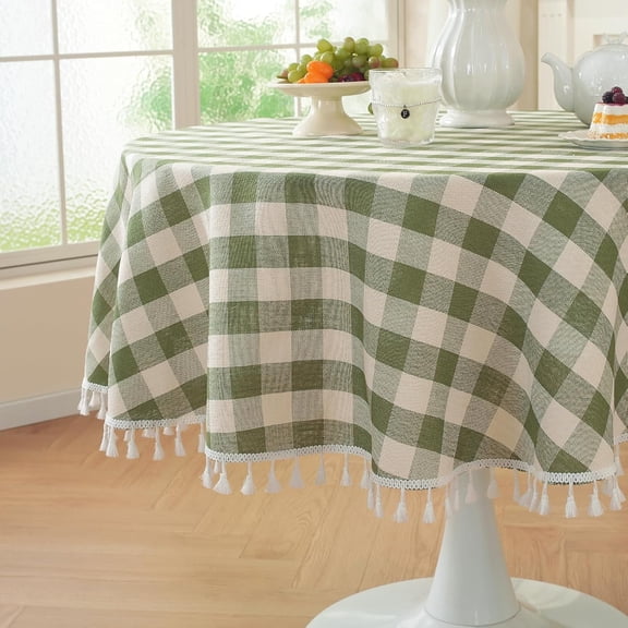 Lanola Spring Pink Checkered Tablecloth Square Washable Buffalo Plaid Table Cloth with Tassel Cotton Linen Gingham Table Cover for Dining Room, Pink, Square, 55''x55'', 4 Seat