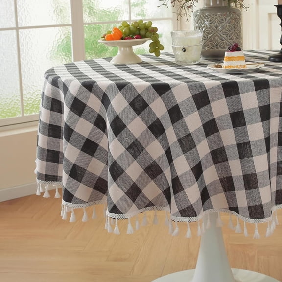 Lanola Spring Pink Checkered Tablecloth Square Washable Buffalo Plaid Table Cloth with Tassel Cotton Linen Gingham Table Cover for Dining Room, Pink, Square, 55''x55'', 4 Seat
