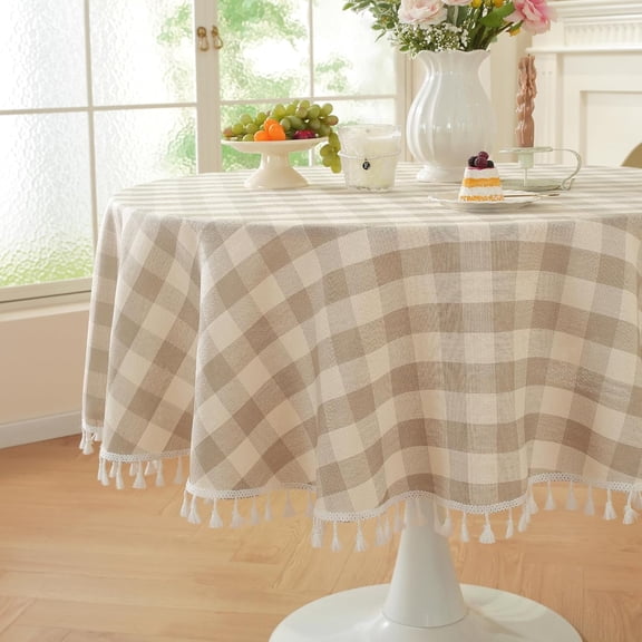 Lanola Spring Pink Checkered Tablecloth Square Washable Buffalo Plaid Table Cloth with Tassel Cotton Linen Gingham Table Cover for Dining Room, Pink, Square, 55''x55'', 4 Seat