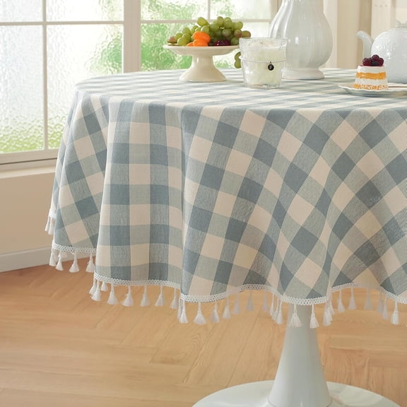 Lanola Spring Pink Checkered Tablecloth Square Washable Buffalo Plaid Table Cloth with Tassel Cotton Linen Gingham Table Cover for Dining Room, Pink, Square, 55''x55'', 4 Seat