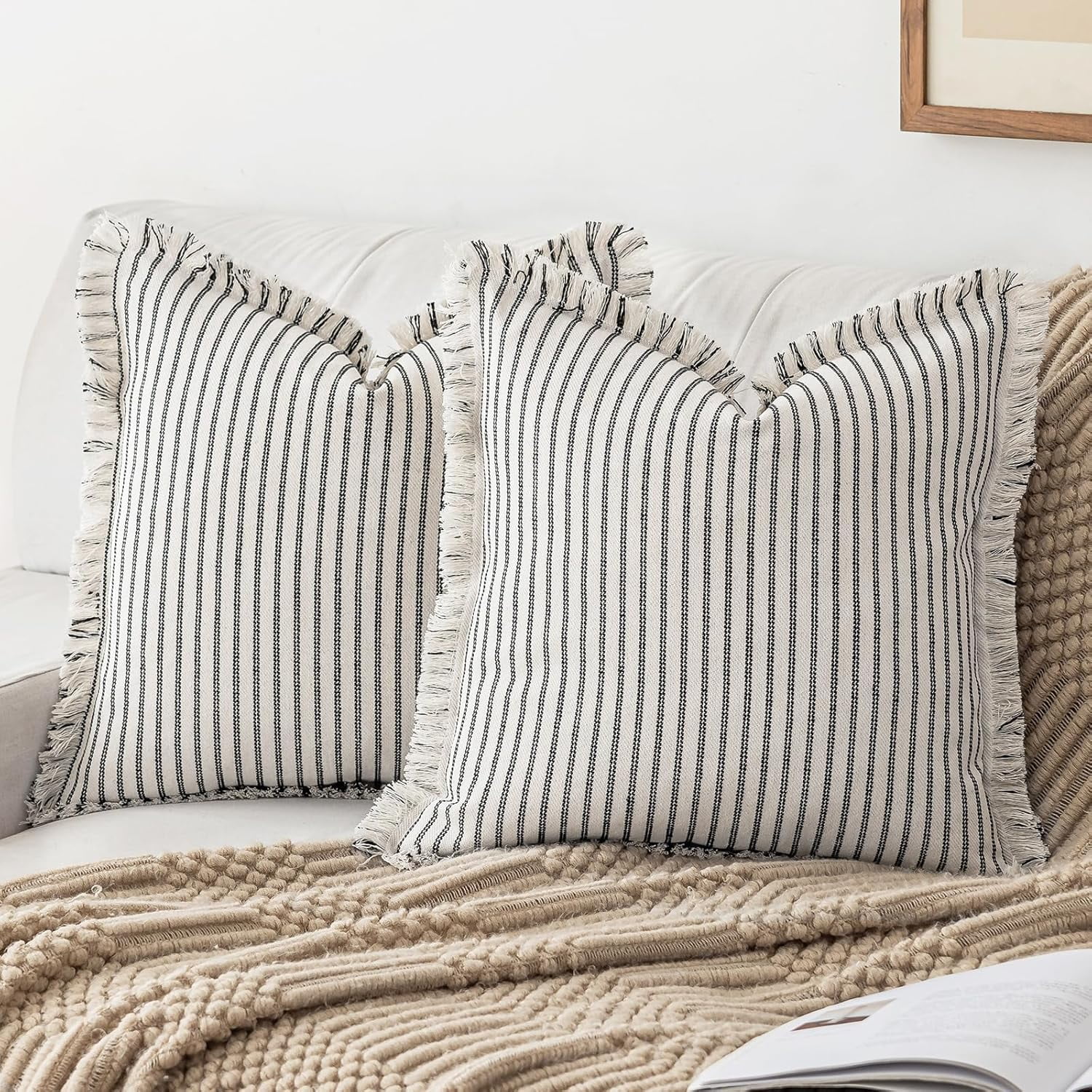 Lanola Throw Pillow Covers 22x22 Set of 2 Striped Fringe Pillow Cover Farmhouse Cushion Covers with Tassel Neutral Boho Pillows Decorative Square Pillowcase for Couch Sofa Bed, Red