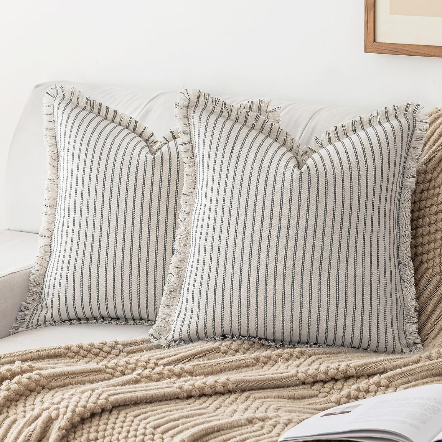 Lanola Throw Pillow Covers 22x22 Set of 2 Striped Fringe Pillow Cover Farmhouse Cushion Covers with Tassel Neutral Boho Pillows Decorative Square Pillowcase for Couch Sofa Bed, Red