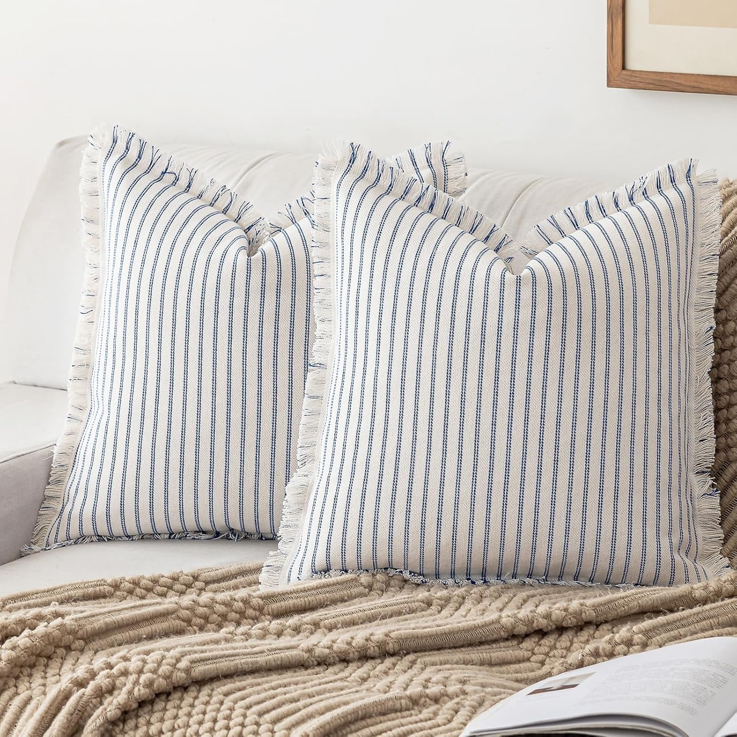 Lanola Throw Pillow Covers 22x22 Set of 2 Striped Fringe Pillow Cover Farmhouse Cushion Covers with Tassel Neutral Boho Pillows Decorative Square Pillowcase for Couch Sofa Bed, Red