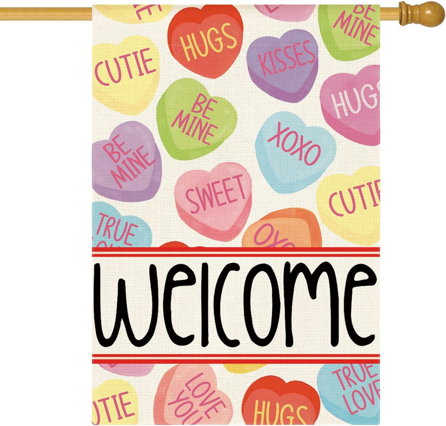 Lanola Valentines Day House Flag 28x40 Inch Double Sided Outside, Welcome Candy Love Hearts Anniversary Yard Outdoor Flag