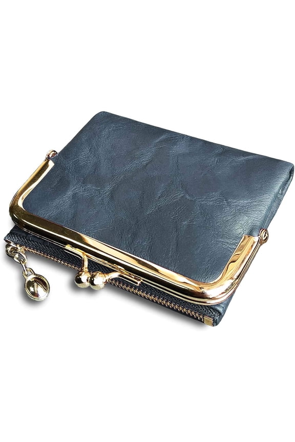 Womens Wallet RFID Small Compact Bifold Leather Vintage Wallet,Ladies Coin Purse with Zipper and Kiss Lock