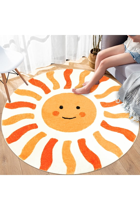 Boho Sun Area Rug 4Ft Round Kids Play Mat Modern Abstract Sunshine Bedroom Playroom Carpet for Boys Girls Circle Nursery Mat for Children Classroom Living Room Decor