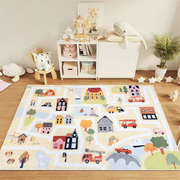 Lanpei Cartoon House Engineering Vehicle Rug Game Carpet for Boys and Girls Bedroom Living Room Decoration Rug Soft Fluffy Non-Slip Washable, 47"x71"