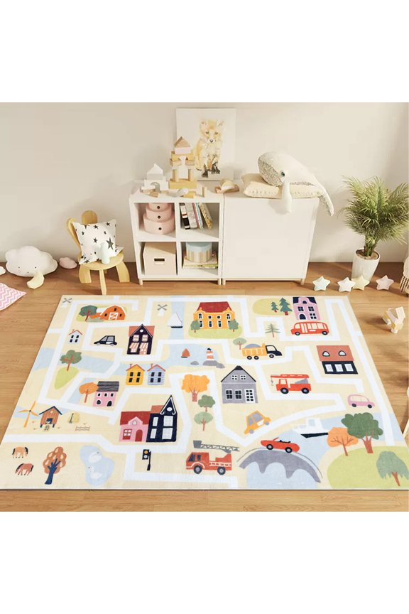 Cartoon House Engineering Vehicle Rug Game Carpet for Boys and Girls Bedroom Living Room Decoration Rug Soft Fluffy Non-Slip Washable, 47"x71"