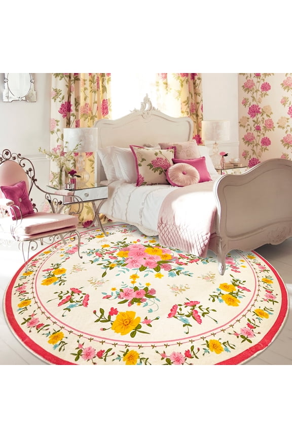 Floral Rug 5.2Ft Circle Bedroom Carpet Pink Round Boho Accent Rug for Girls Kids Room Living Room Flowers Collection Area Rug for Floor Nonslip Soft Rustic Rug, Multicolor