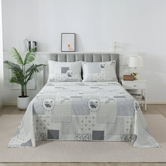 Lanpei Floral Sheet Set 4Pcs Queen, 100% Cotton Flower Countryside Fitted Sheet Set, Soft Grey Bed Sheets, Farmhouse Cozy House Bedroom Bedding Set (1 Flat Sheet + 1 Fitted Sheet + 2 Pillowcases)