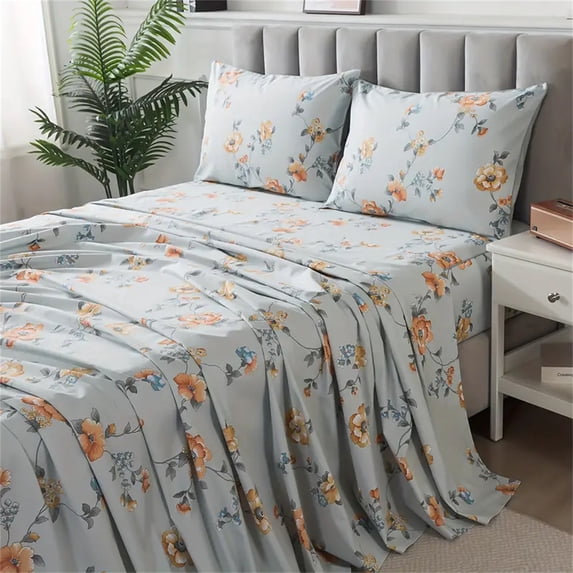 Lanpei Floral Vintage Bed Sheets Set 4Pcs Cal King, 100% Cotton Aesthetic Garden Style Deep Pocket Fitted Sheet Set Shabby Flower Farmhouse Bedding Set (1 Flat Sheet, 1 Fitted Sheet, 2 Pillowcases)