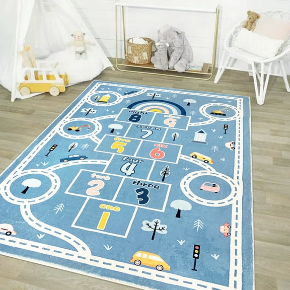 Lanpei Kids Play Mat 3.3x5Ft Large Hopscotch Vehicle Car Rug for Boys Bedroom Soft Classroom Learning Area Rug, Blue