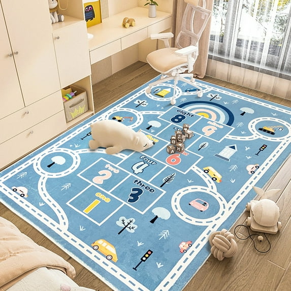 Lanpei Kids Play Mat Hopscotch Area Rug Car Rug 5x8Ft Extra Large Hopscotch Rug for Kids Boys Bedroom Classroom Carpet Educational Learning Children Rug Preschool Boys Shower Gift, Blue