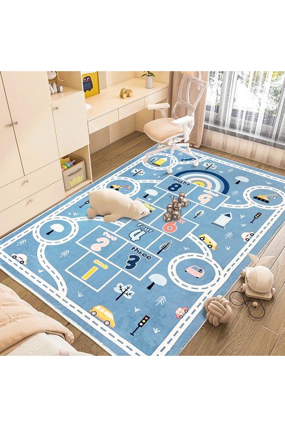 Kids Play Mat Hopscotch Area Rug Car Rug 5x8Ft Extra Large Hopscotch Rug for Kids Boys Bedroom Classroom Carpet Educational Learning Children Rug Preschool Boys Shower Gift, Blue