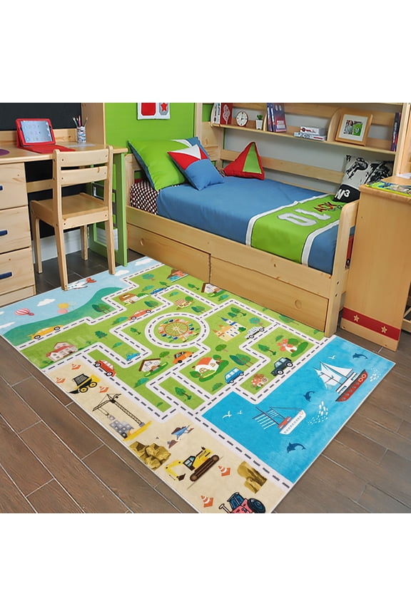 Kids Rug 3x5Ft Car Digger Playmat for Boys Girls Playtime Collection Rug Road Map Bedroom Carpet Excavator Construction Vehicle Educational and Learning Rug for Nursery Decor