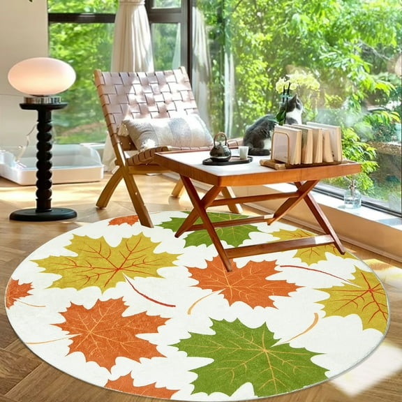 Lanpei Leaf Rug Round Bedroom Living Room Carpet 4Ft Circle Rustic Plant Area Rug for Dorm Boho Floor Mat Soft Farmhouse Colorful Washable Rug, Maple Leaf